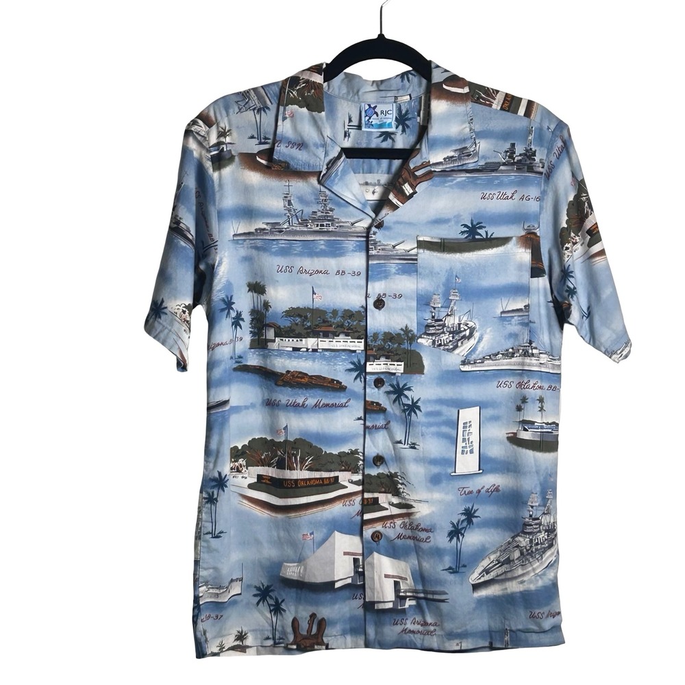 RJC Pearl Harbor‎ Memorial Hawaiian Aloha Shirt Size S/M Resortwear WWII Travel